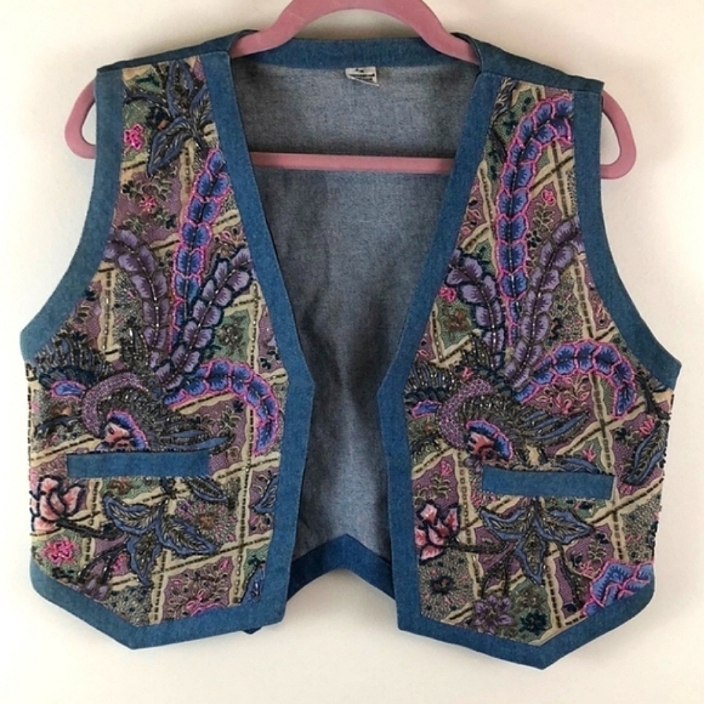 Handmade Embroidered Denim Vest with Multicolor Design